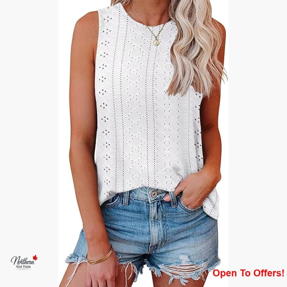 Eyelet Embroidery Tank Top Loose Fit Crewneck Sleeveless Summer Tunic